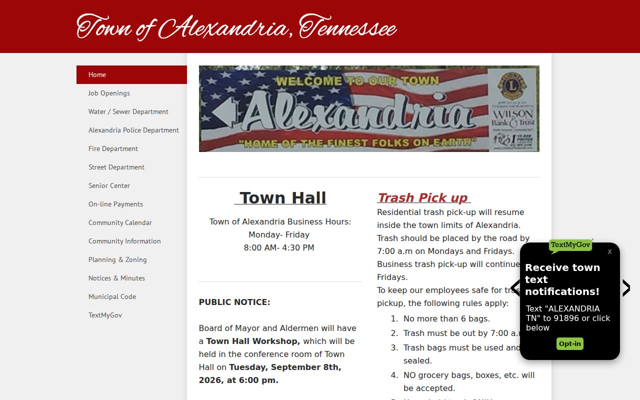 Alexandria court docket source showing the official Town Hall website