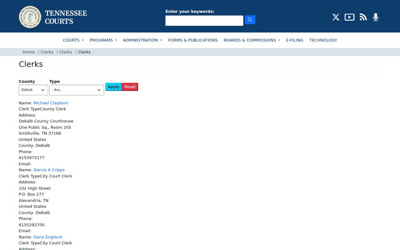 Tennessee Courts clerk directory used for DeKalb County contacts