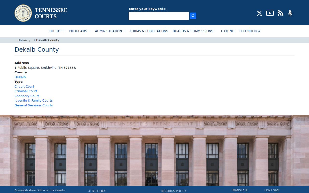 Tennessee Courts DeKalb County court directory page