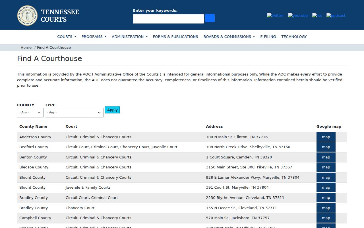 Tennessee Courts courthouse directory for DeKalb County